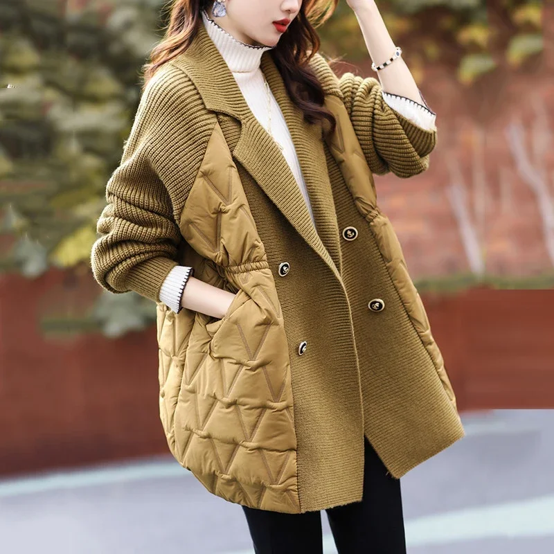 

Double Breasted Sweater Splicing Cotton Clothing Knit Coat Women's Autumn Winter Thickened Coat Casual Elegant Turn Down Collar
