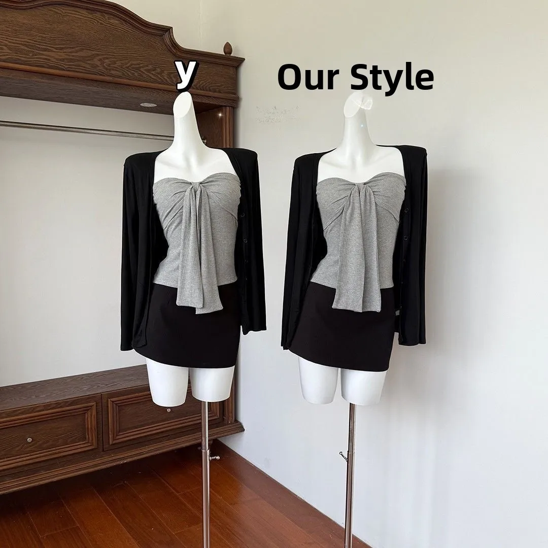 

Ультрамягкий модальный хлопковый сексуальный кардиган без бретелек с эффектом утяжки, женский модный комплект в повседневном стиле, топ с длинным рукавом и круглым вырезом