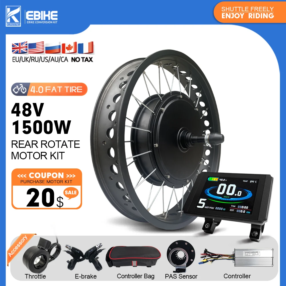 Fat Tire Ebike Conversion Kit 48V 1500W Rear Rotate Gearless Hub Motor Snow Bike Kit 20/24/26 inch Electric Bike Conversion kit