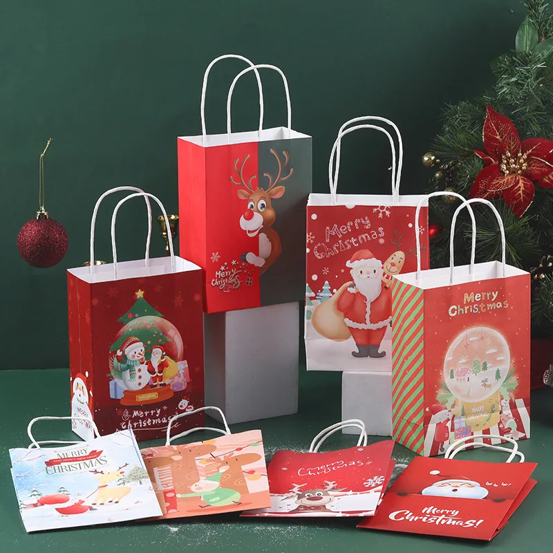 2/5/10PCS  Christmas Kraft Tote Bags Santa Fawn Gift Bags Xmas Holiday Party Kids Candy Cookie Wrapping Bags Christmas Party