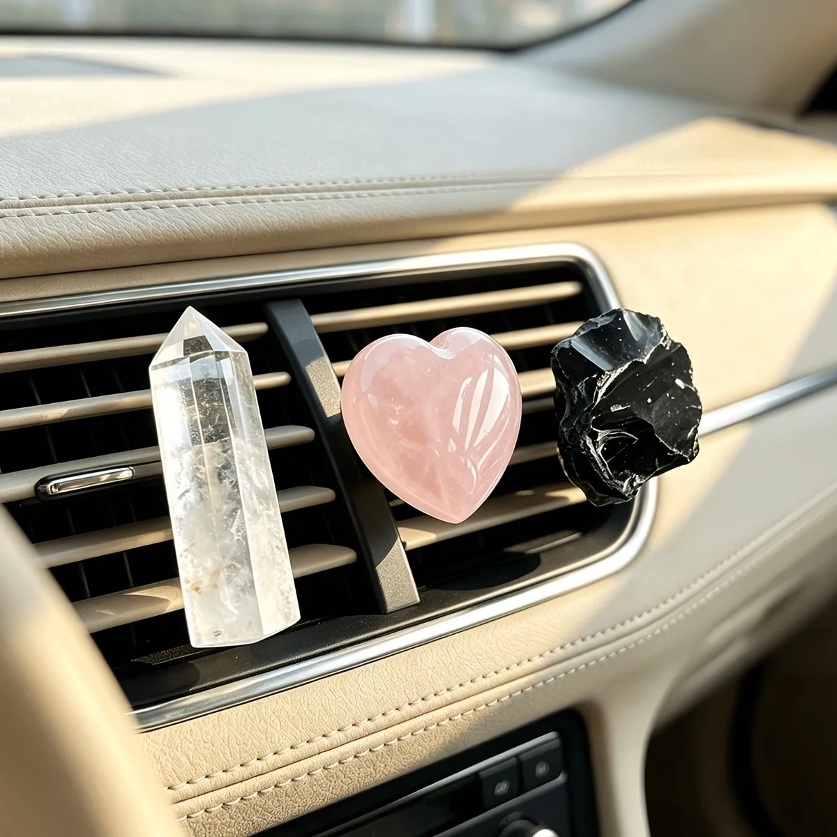 3pcs Natural Crystal Car Air Vent Clip Diffuser Set, Clear Quartz Point, Rose Quartz Heart And Raw Obsidian Ornaments, Car Inter