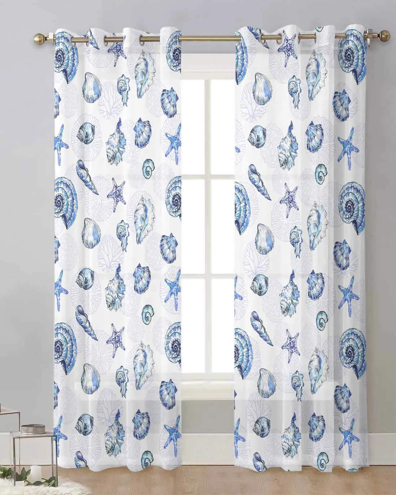 Starfish And Shell Coral Retro Sheer Curtains For Living Room Window Transparent Voile Tulle Cortinas Drapes Home Decor