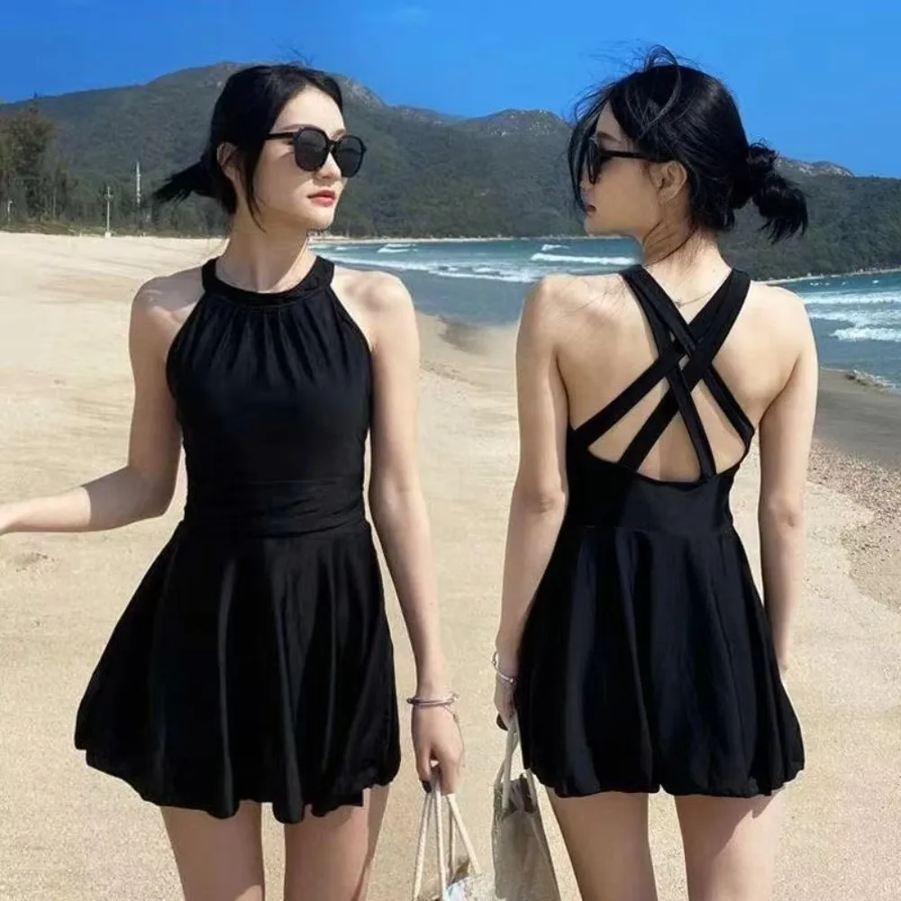 Fashion Slim Fit Backless Skirt Swimsuit Sleeveless Pleated Hot Spring Swimwear Beachwear Hanging Neck Swimsuit Women