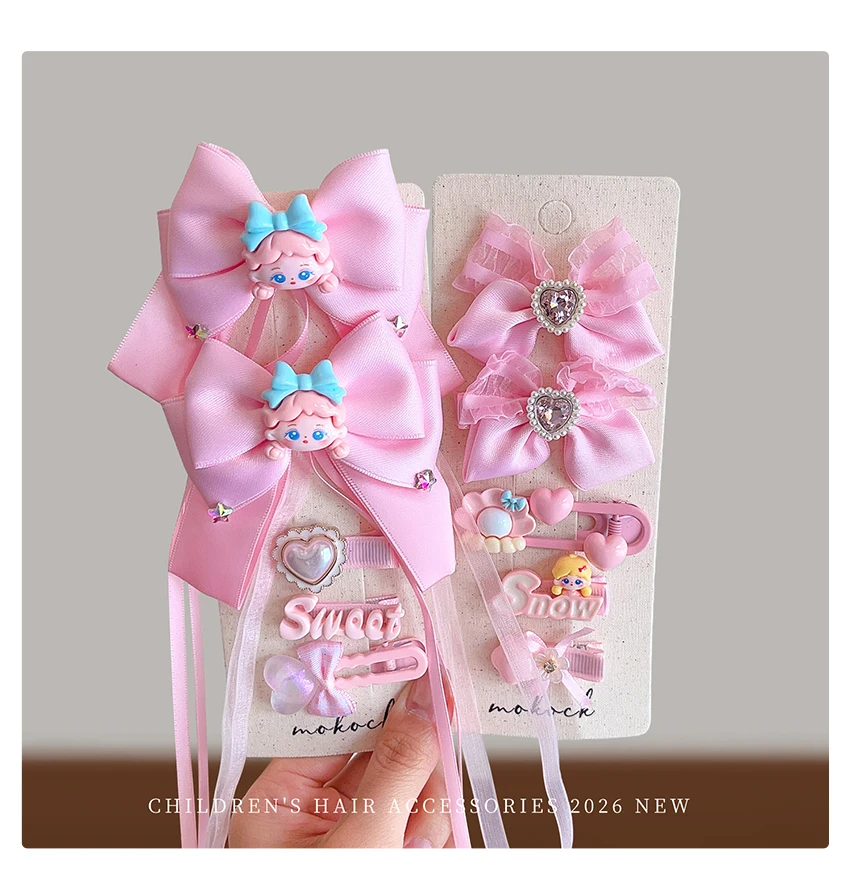 2026 Neue Mode Rosa Prinzessinnen-Schleifen-Blumen-Haarset Hochelastisch Haarschonend Lange Quasten Haaraccessoires für Mädchen Kinder Geschenk – Detail 5