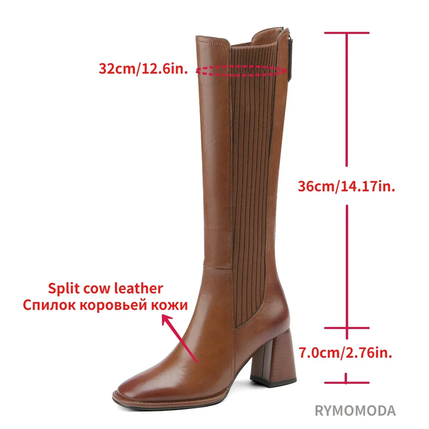 Knee High Boots Women 2024 Winter Warm Handmade High Quality Split Cow Leather ZIP Brown Black Block High Heels Long Boot Shoes