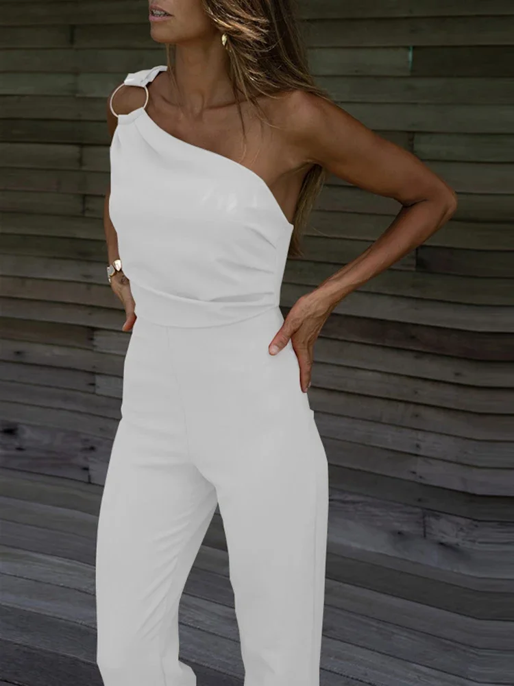 Fashion Solid Slim Ladies Rompers Summer Women Elegant Diagonal Collar One Shoulder Playsuits Sexy Backless Sleeveless Jumpsuit