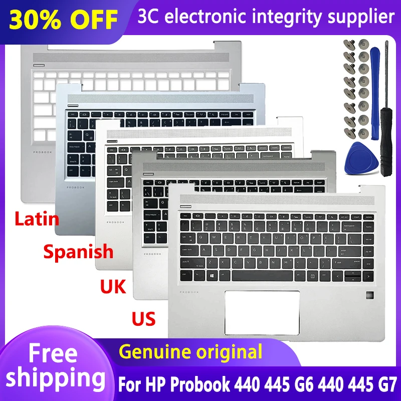 laptop palmrest top case capa com luz de fundo original novo eua reino unido espanhol la teclado hp probook 440 g6 445 g6 440 g7 01