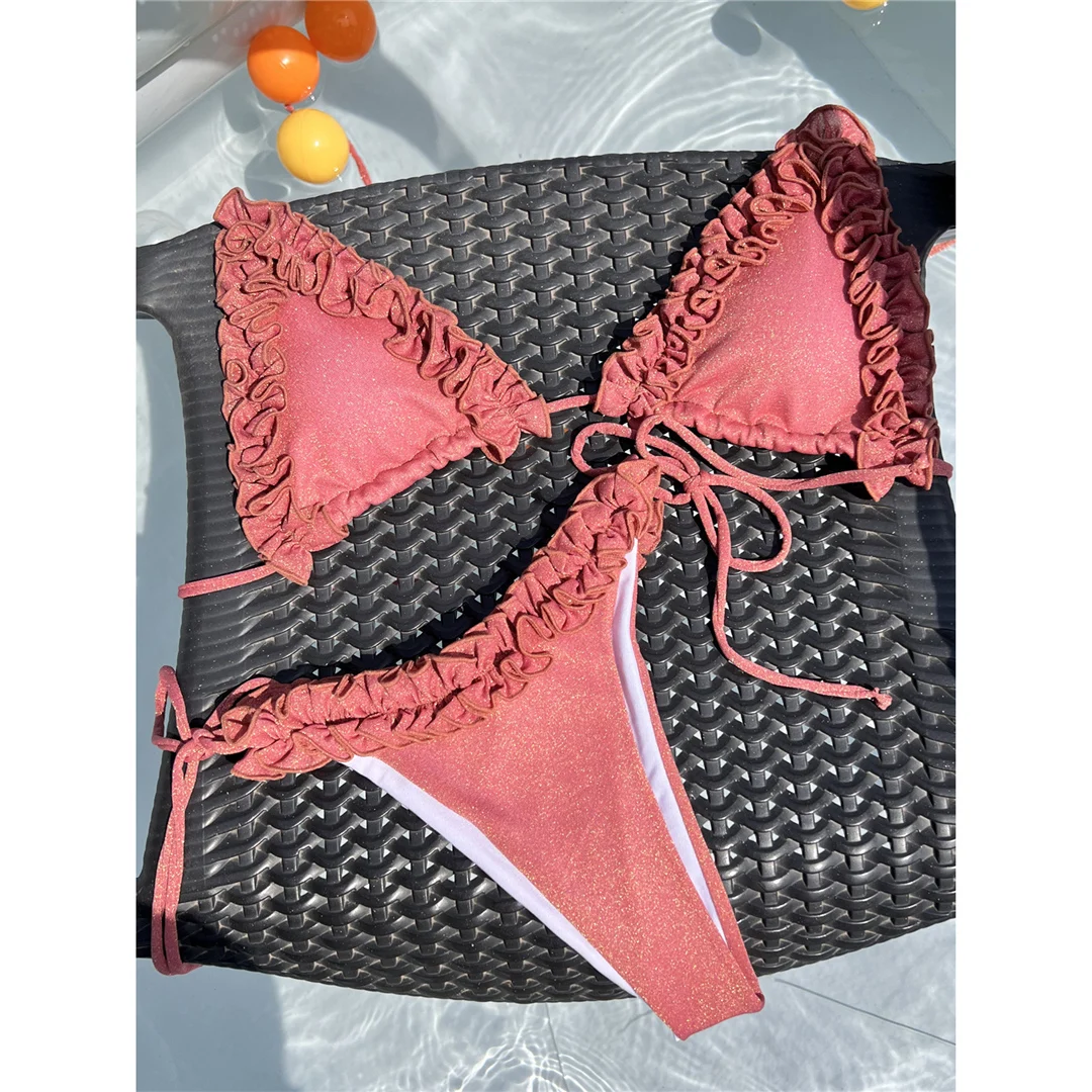 XS - L Glänzender, gerüschter Neckholder-Bikini mit Trägern, Damen-Badeanzug, zweiteiliges Bikini-Set, Badebekleidung, Badeanzug, Badebekleidung, Schwimmbekleidung V7061 – Detail 5