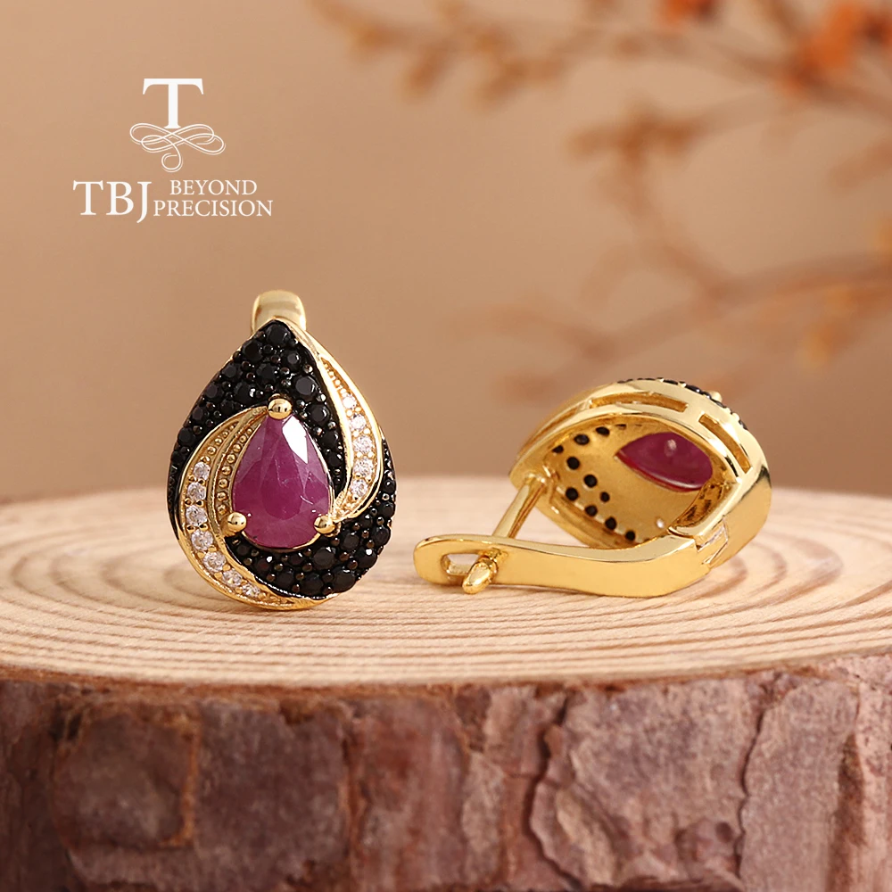 925 فضة المرأة أقراط مشبك الكمثرى الطبيعية 5*7 مللي متر روبي الأحجار الكريمة الحقيقية خمر تصميم غرامة مجوهرات لهدايا عيد الميلاد