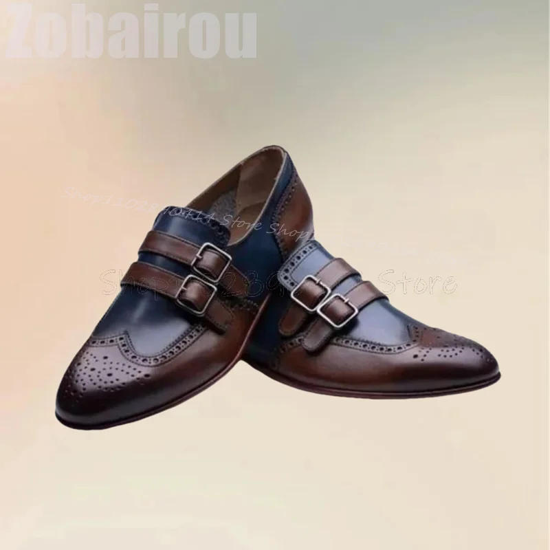 

Mixed Color Carving Design Buckle Decor Loafers Fashion Slip On Men Shoes Luxury Handmade Party Banquet Office Men Dress Shoes