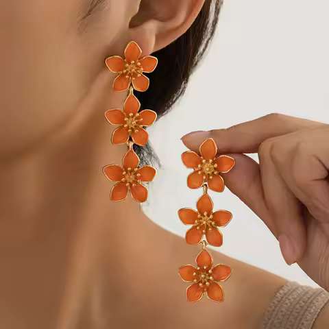 Korean Colorful Enamel Flower Drop Earrings for Women Retro Metal Long Floral Temperament Earrings Jewelry Holiday Party Gift