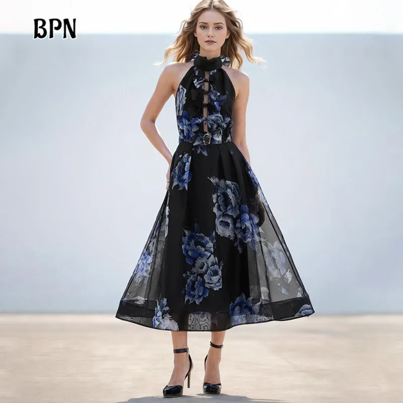 

BPN Vintage Floral Printing Dresses For Women Stand Collar Sleeveless Off Shoulder High Wiast Elegant Dress Female Fashion Style