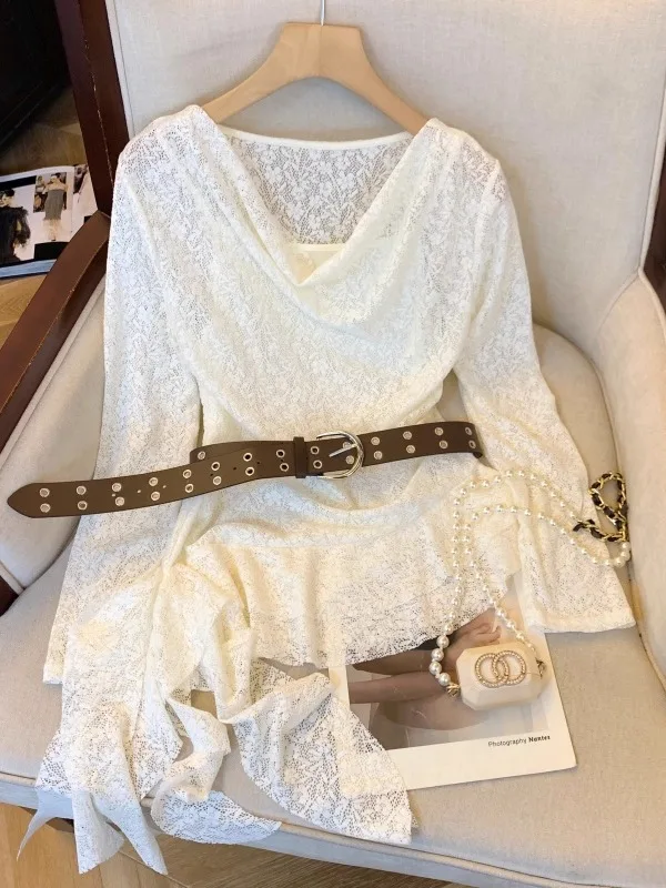 

Белая женская футболка с длинным рукавом, осенняя, уникальная, модная, с поясом, утягивающим талию, и кружевным подолом