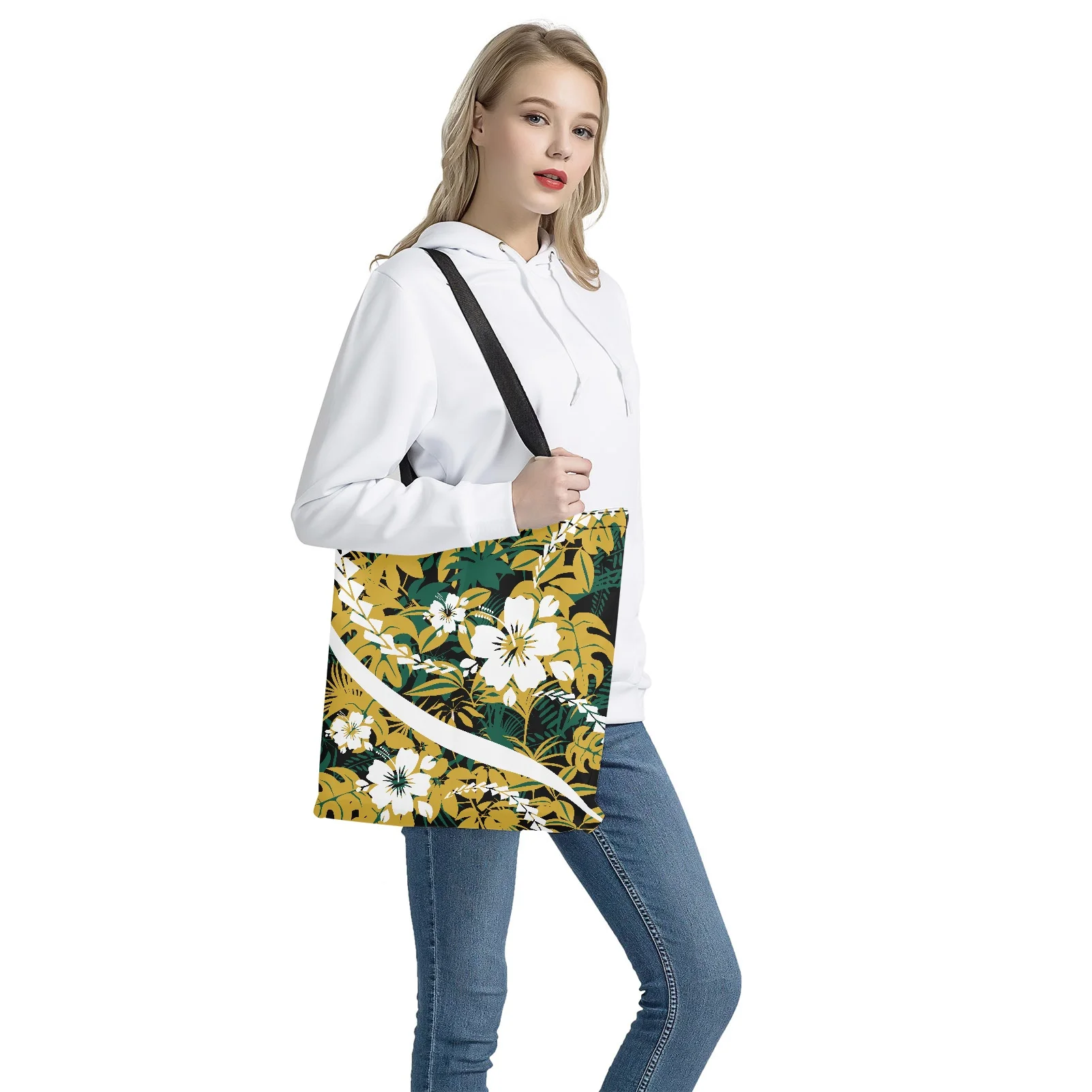 Women Canvas Shoulder Bags Polynesia Floral Pattern Female Casual Tote Handbags Eco Reusable Large Capacity Shopping School Bag