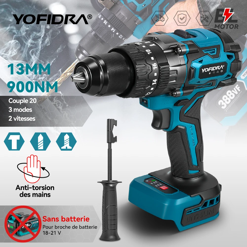 YOFIDRA 20 + 3 couple 900N.m perceuse à percussion électrique sans brosse 13MM tournevis de forage à main outil électrique pour broche de batterie Makita