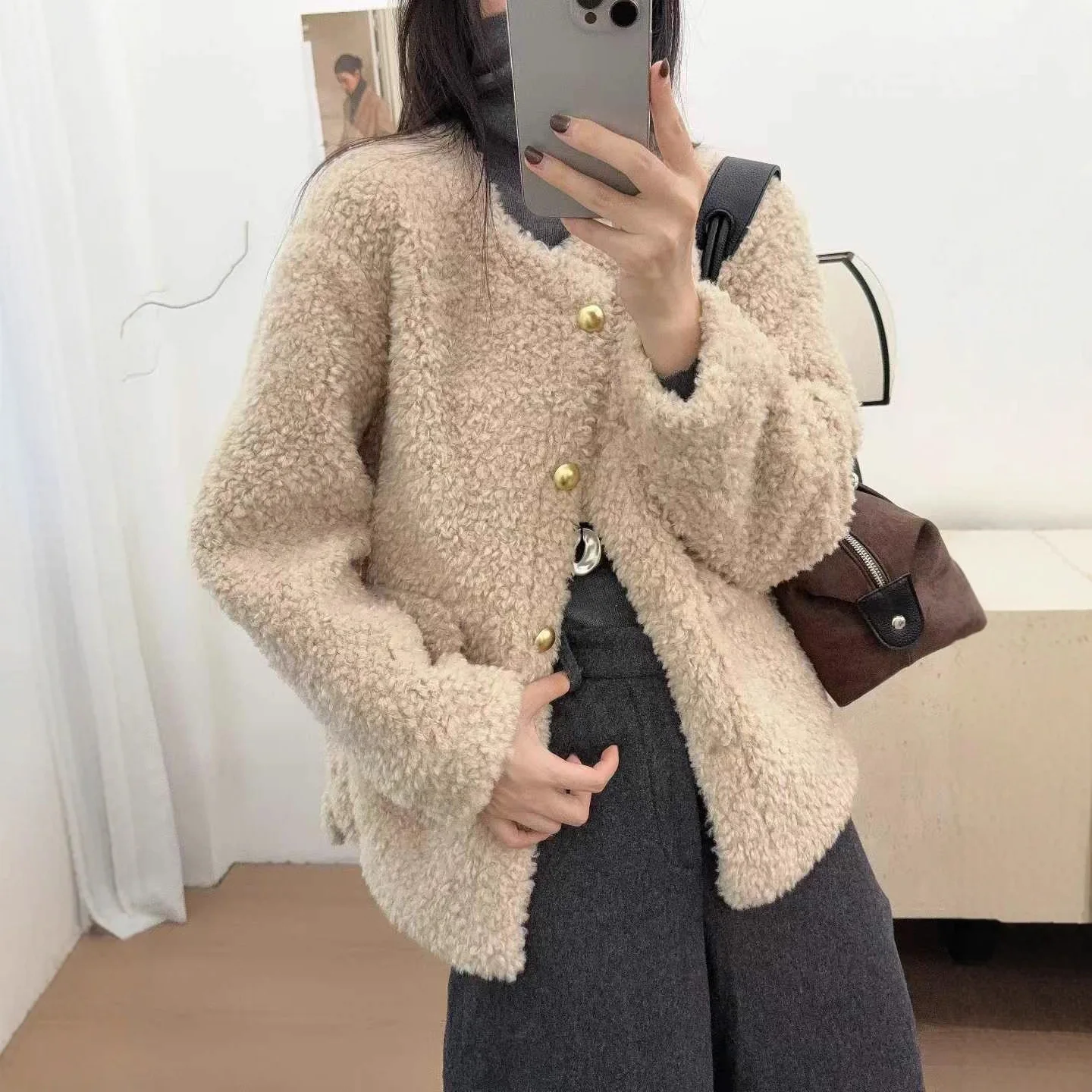 

Korean Style Versatile Lamb Fur Warm Outerwear Women's Autumn Winter Small Fragrance Style Elegant Gentle round Neck Loose Tr...