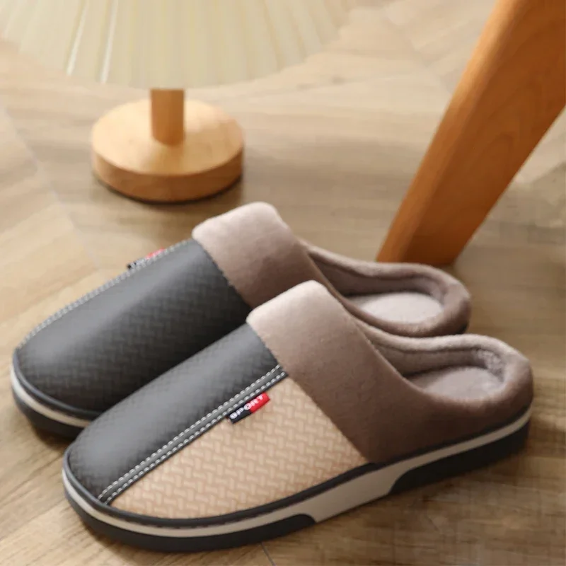 2024 New Winter Warm Men\'s Plush Slippers Home Indoor Mules Non-slip PU Leather Upper Waterproof Fluffy Slides Male Cotton Shoes