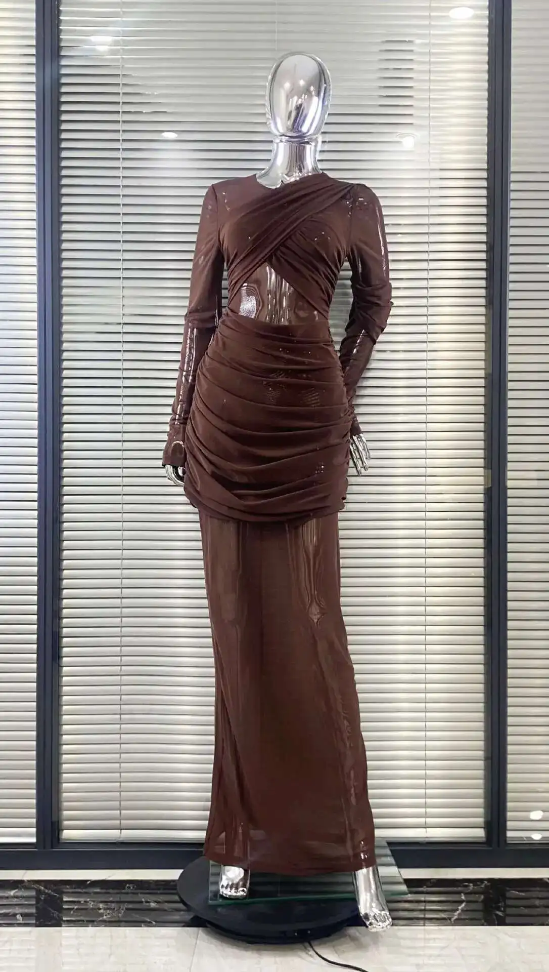 LEOSOXS 2025 ชุดฤดูใบไม้ผลิฤดูร้อนใหม่ Elegant Patchwork แขนยาว Slim Party Dress ผู้หญิงแฟชั่น Double Layer Sheer Dress