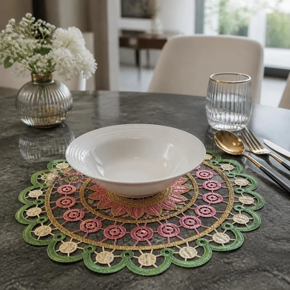 Vintage Embroidery Lace Doily Placemat Mandala Colorful Lace Coaster Table Cloth Round Hollow Table Cup Mat for Kitchen Table