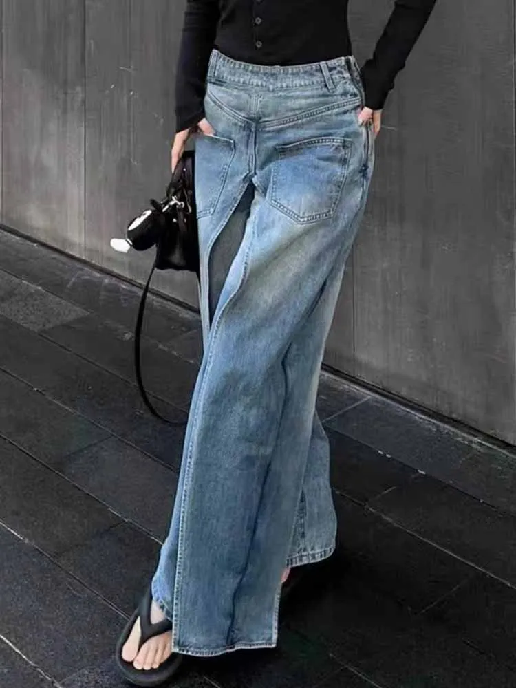 BKQU Spliced Design Jeans Women Hip Hop Baggy Wide Leg Denim Pants Trendy Vintage High Waist Fake Two-piece Jeans Trousers Y2K
