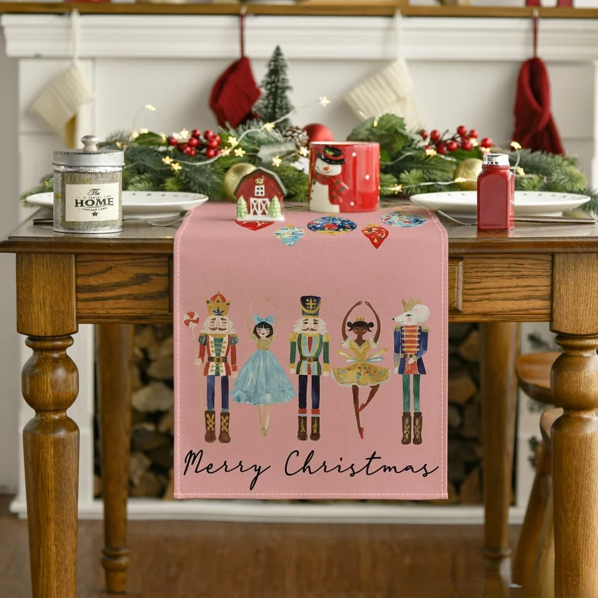 Merry Christmas Nutcrackers Balls Linen Table Runner Party Decor Reusable Winter Xmas Dining Table Runners Christmas Decorations