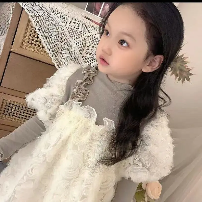 Spring And Autumn Girls' Clothing Sets Rose Gauze Slip Dress+ Long Sleeve Bottoming Shirt 2025 Winter New Fashion Children Suit