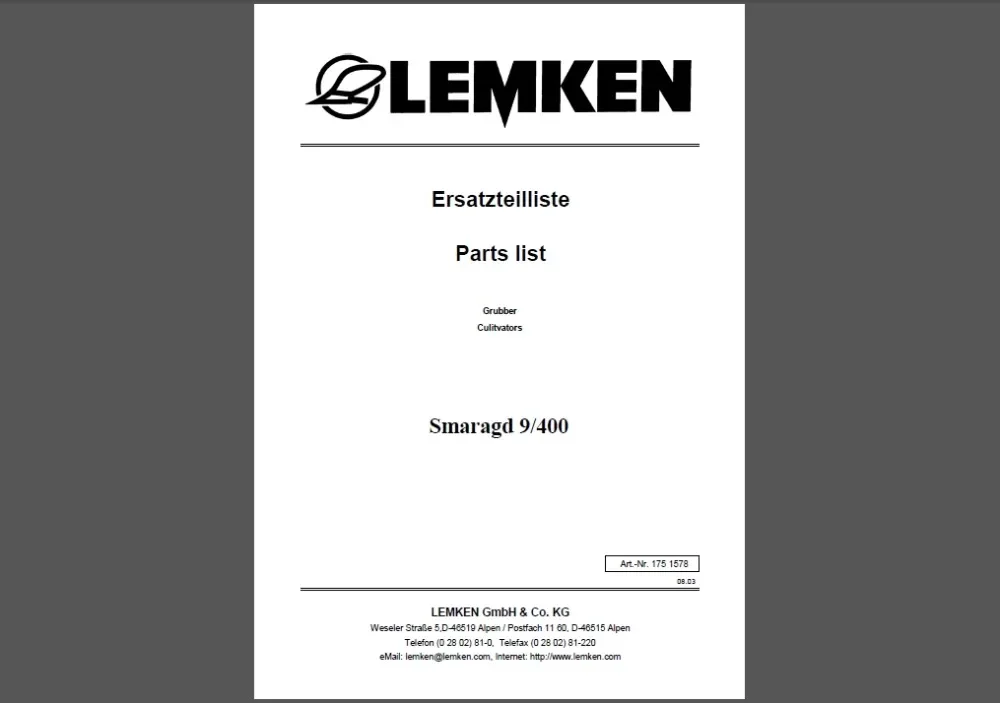 Parts catalogs for Lemken agricultural equipment, PDF