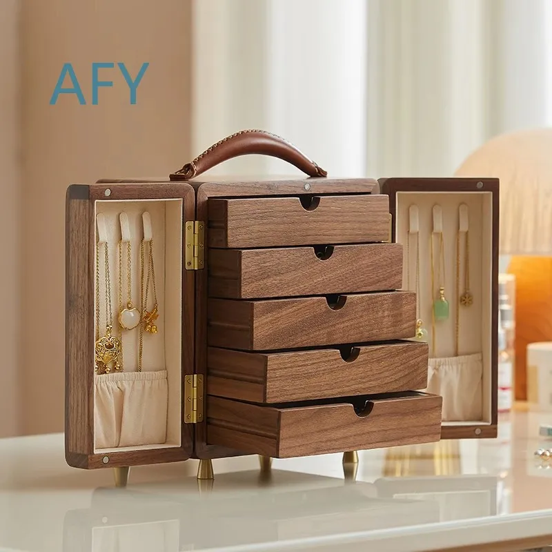 Black Walnut Solid Wood Jewelry Box for Women Men Gift Storage Organizer with Velvet Lining for Rings Necklaces Bracelets