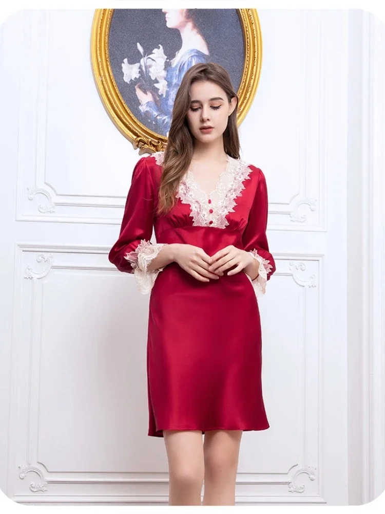 French Style 19 Momme 100% Mulberry Silk Lace Trim Nightdress Long Sleeve Mini Nightgown V Neck Nightshirts Sleepwear Underwear