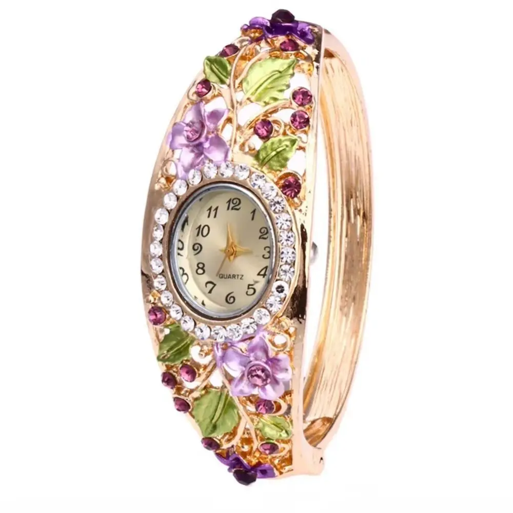 Elegant Alloy Rhinestone Dress Watch Round Dial Quartz Movement Flower Watch Luxury Quartz Bracelet Wristwatch Women's Accessory