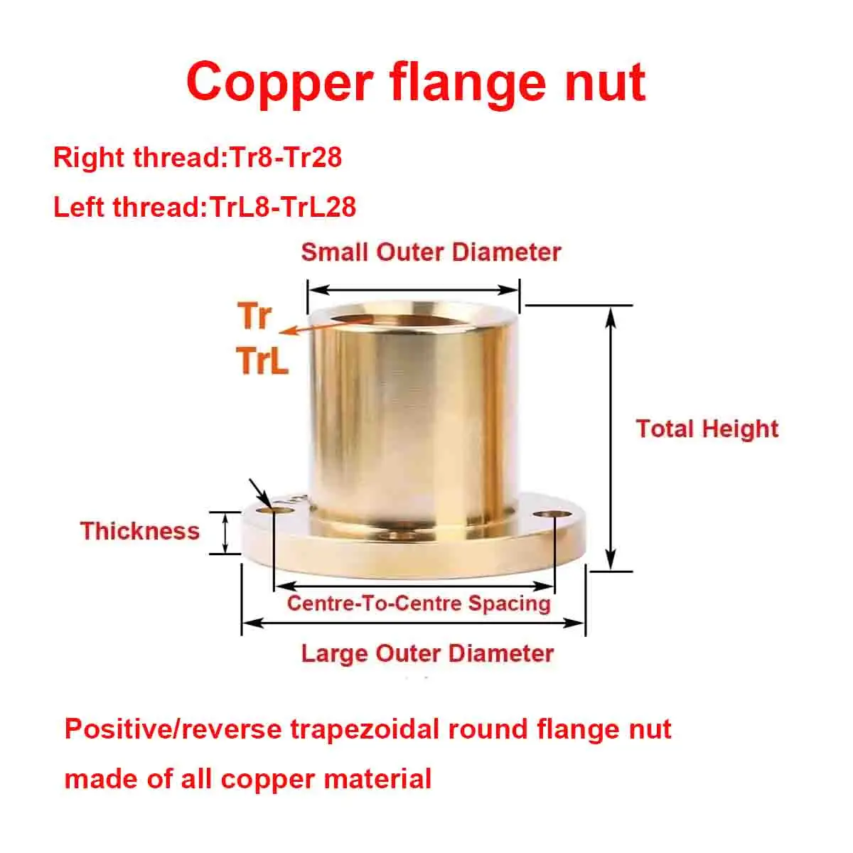 

All Copper Round Flange t Trapezoidal Screw Nut Positive Thread Reverse Thread Tr8 Tr10 Tr12 Tr14 Tr16 Tr18 Tr20