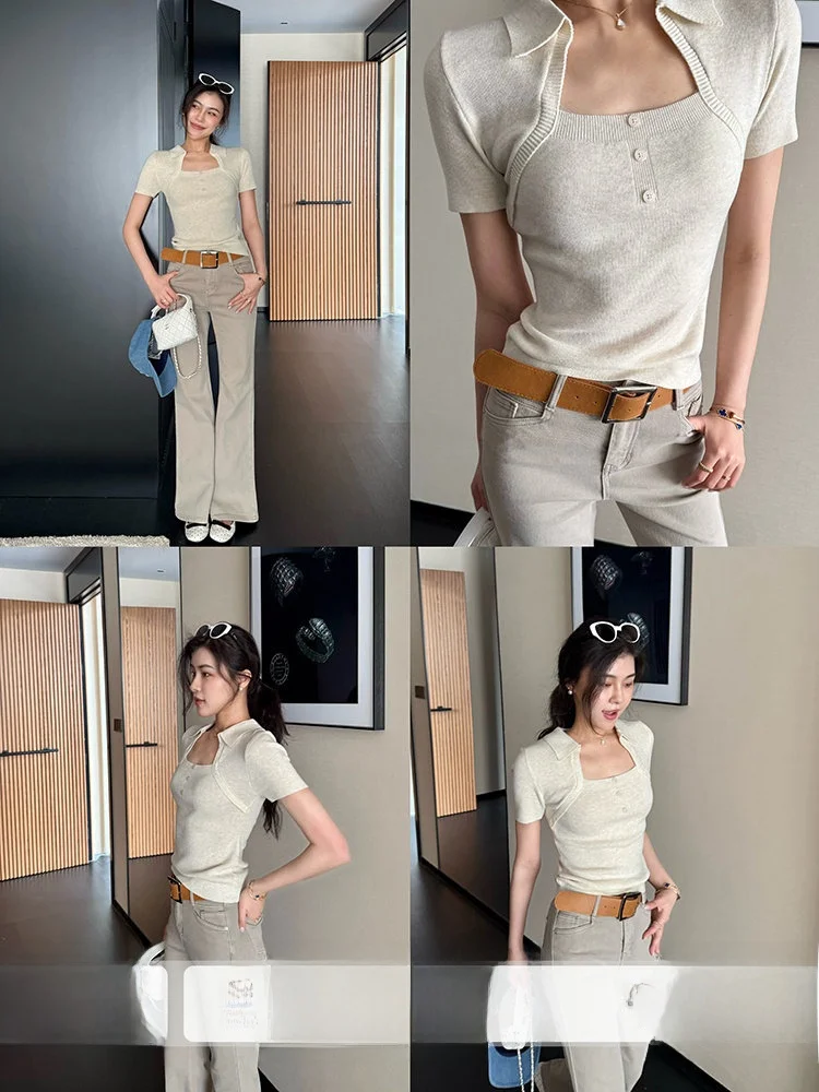 

Fashionable T-Shirt Slim Fit Bell Bottom Jeans Square Collar Minimalist Vintage Style Women's Spring Set Casual Style