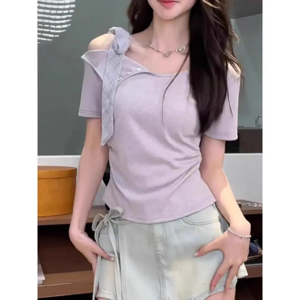 

Summer Slim-fit Short-sleeved T-shirt for Women Unique Design Temperament Gentle Sweet Spice Trendy Top Niche Style