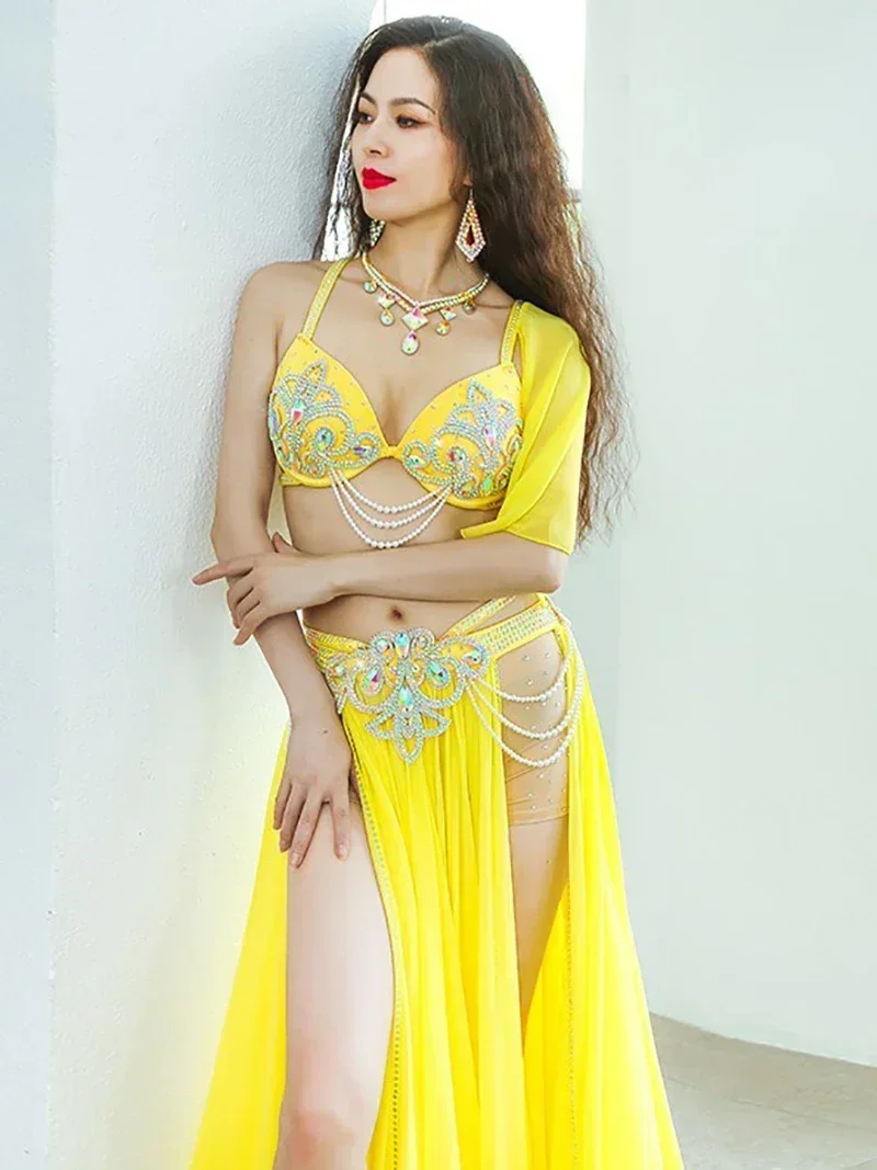 Vestido feminino para performance de dança do ventre, manga longa, diamantes, fenda dupla, saia grande com corrente, conjunto de performance de competição
