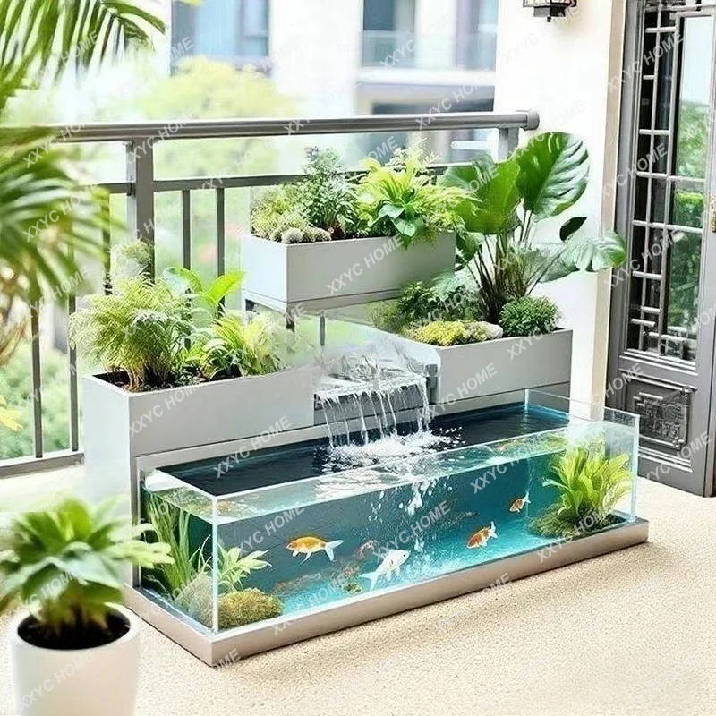 XXBalcony Creative Flowing Water Fish Tank Flower Box  Acrylic Lucky Terrace  Circulating  Fish  Pool  Courtyard  Combination