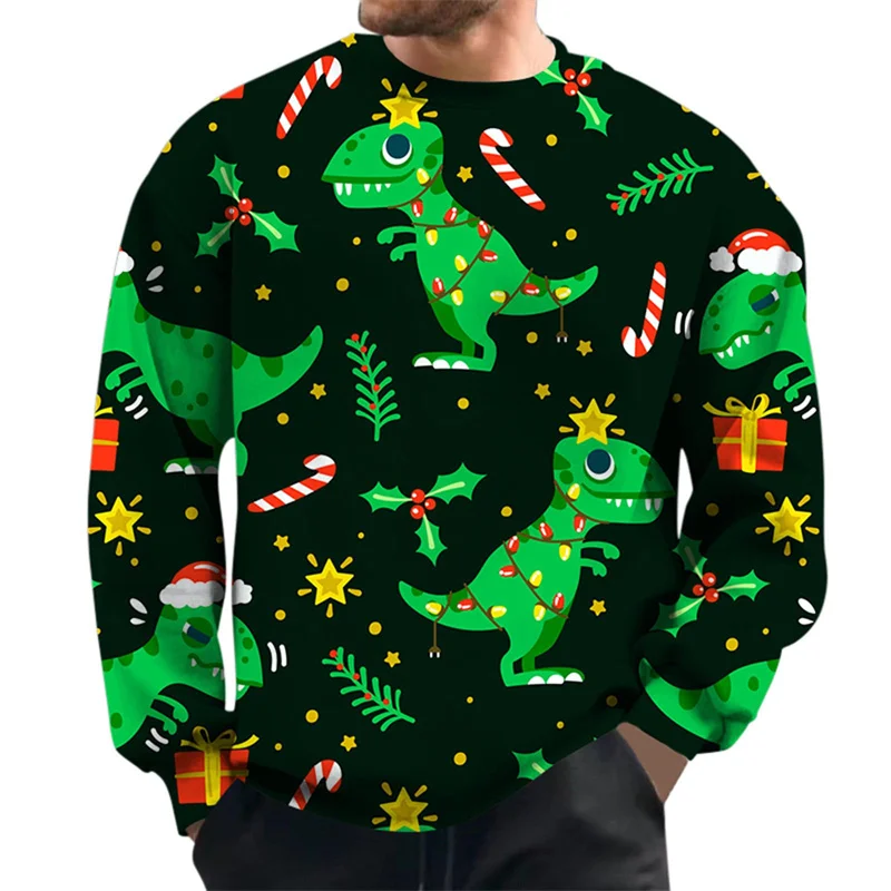 Candy Dinosaur Pattern Hoodie For Men Christmas Tree 3D Printed Pullover Autumn Long Sleeve O-Neck Hoodies Loose Sweatshirts