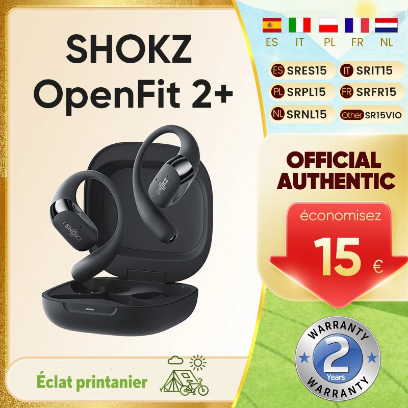 Casque audio ouvert SHOKZ OpenFit 2+ T921 avec Dolby Audio, Bluetooth 5.4 sans fil, micro intégré, autonomie de 48h, IP55, charge rapide