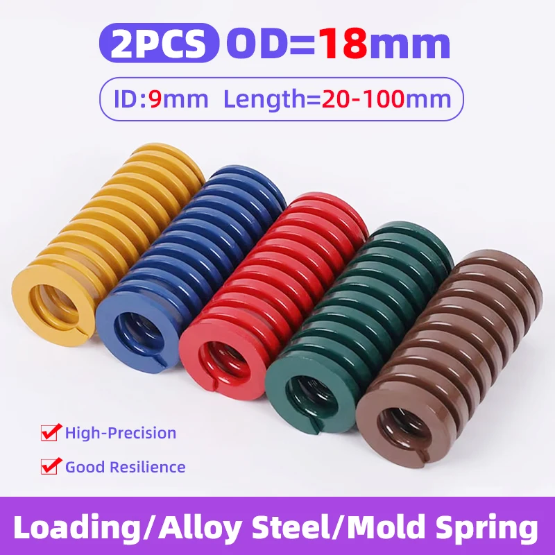 Creamily 2PCS Mold Spring Spiral Stamping Compression Spring OD=18mm ID=9mm Length=20-100mm Yellow Blue Red Green Brown