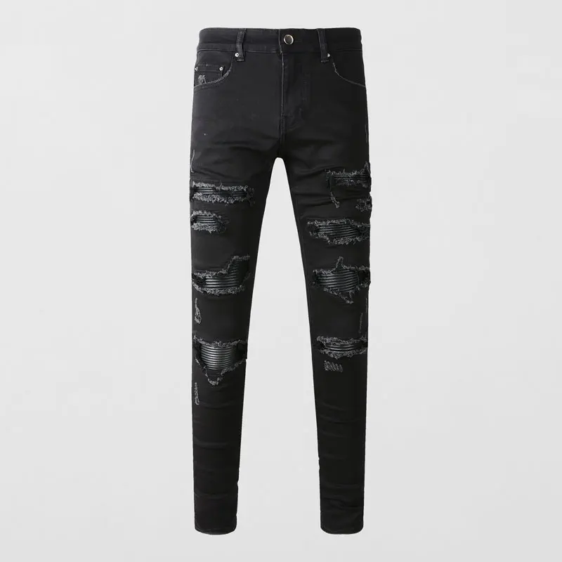 

Y2K designer men's jeans with patchwork patches, elastic slim fit, washed black jeans, high street designer hip-hop brand pants,