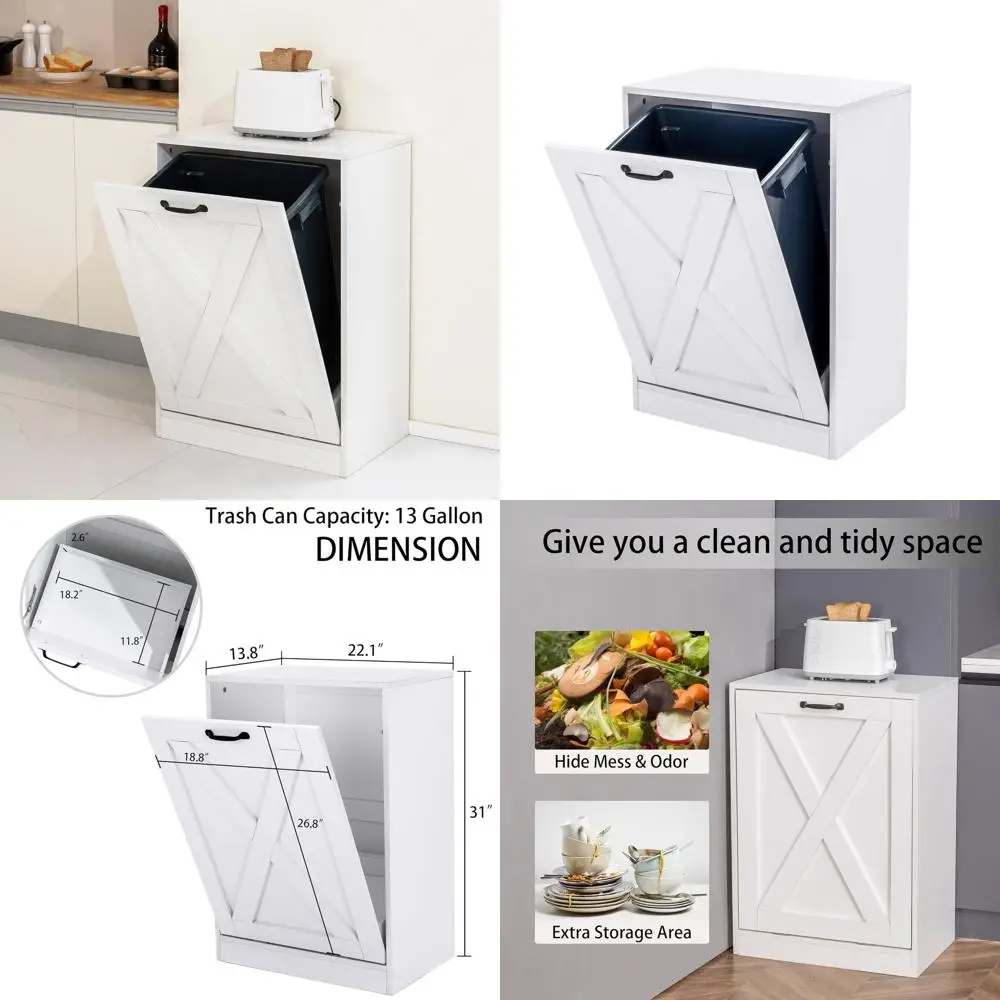 

Wooden Kitchen Waste Bin Cabinet with Hidden Trash and Recycling, White