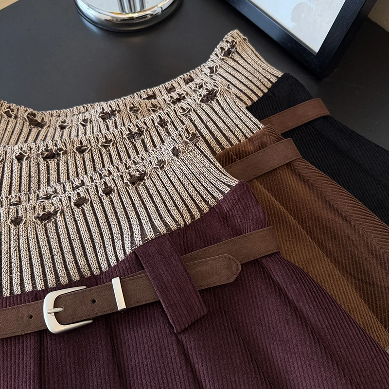 Patchwork Corduroy Skirt Y2K Sexy Mini Skirt Women with Belt Korean Fashion Pleated Skirt Zip Up Short Skirts Girl Autumn Winter