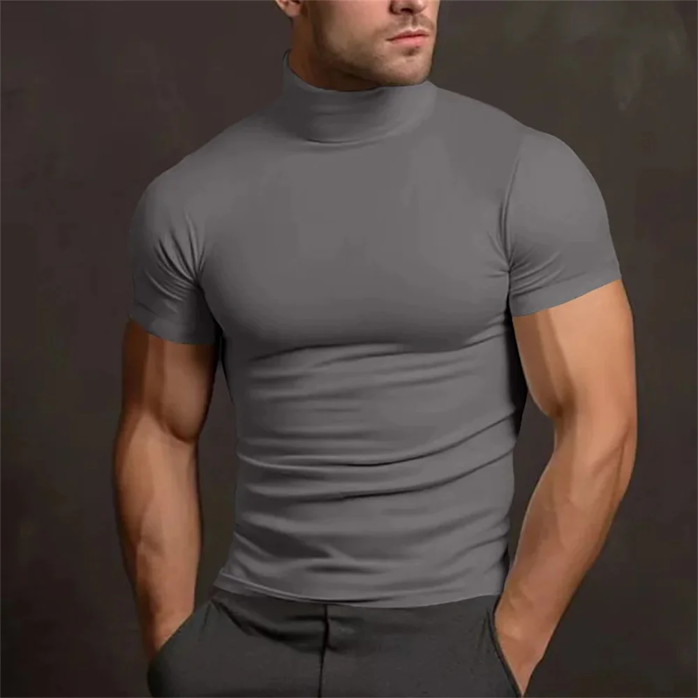 Cross-border Amazon 2024 summer solid color short-sleeved fashion bottoming shirt men's tight turtleneck T-shirt image 6