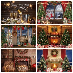 Christmas Background Photography Photozone Wooden Window Fireplace Chiristmas Tree Santa Claus 2025 New Year Backdrop Photobooth