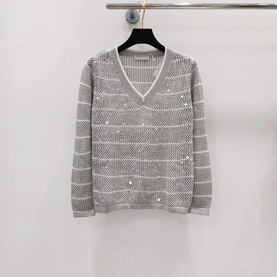 Knitted Pullover For Women With Dazzling Stripes High Quality Wool Tops 2024 New Luxury Sweater