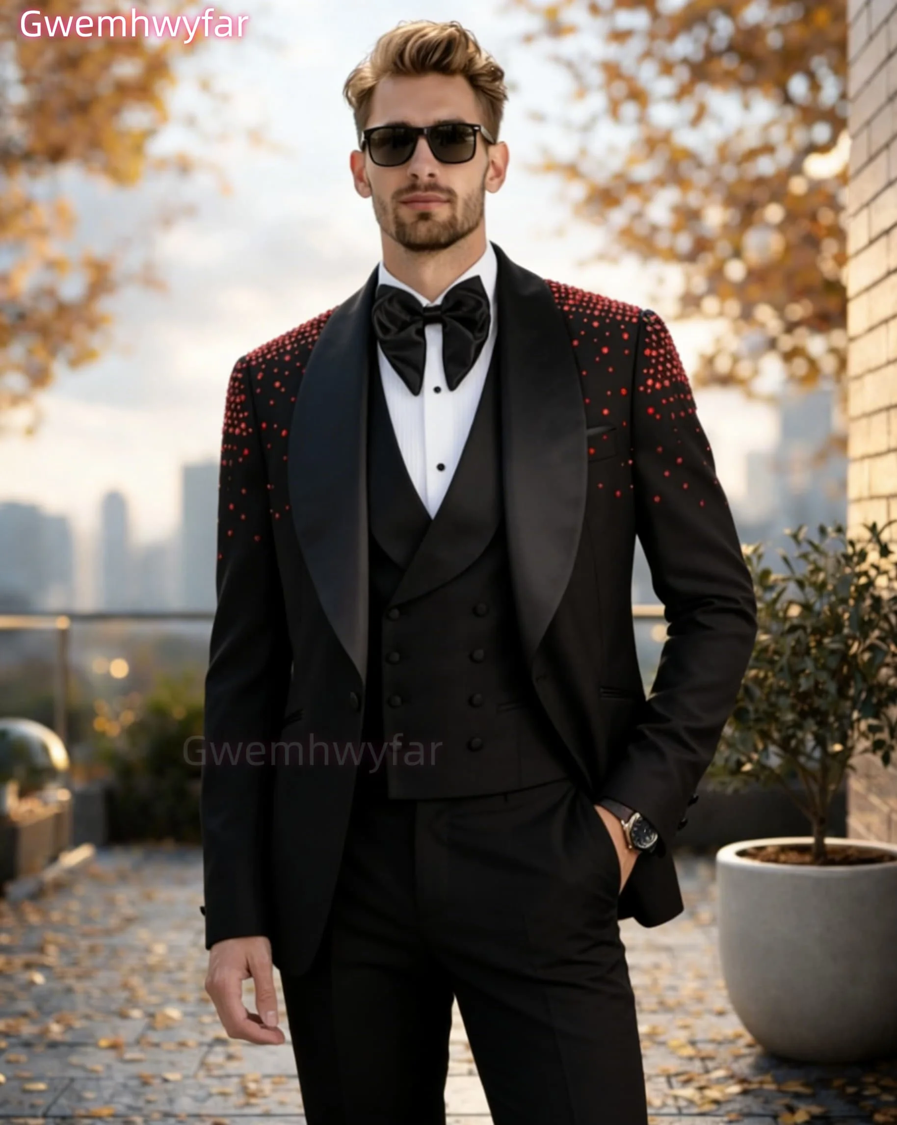 Gwenhwyfar White Men's Fashion Shawl Lapel Tuxedo 3-Piece Suit with Blazer Vest And Pants Set for Formal Business Prom Grooming