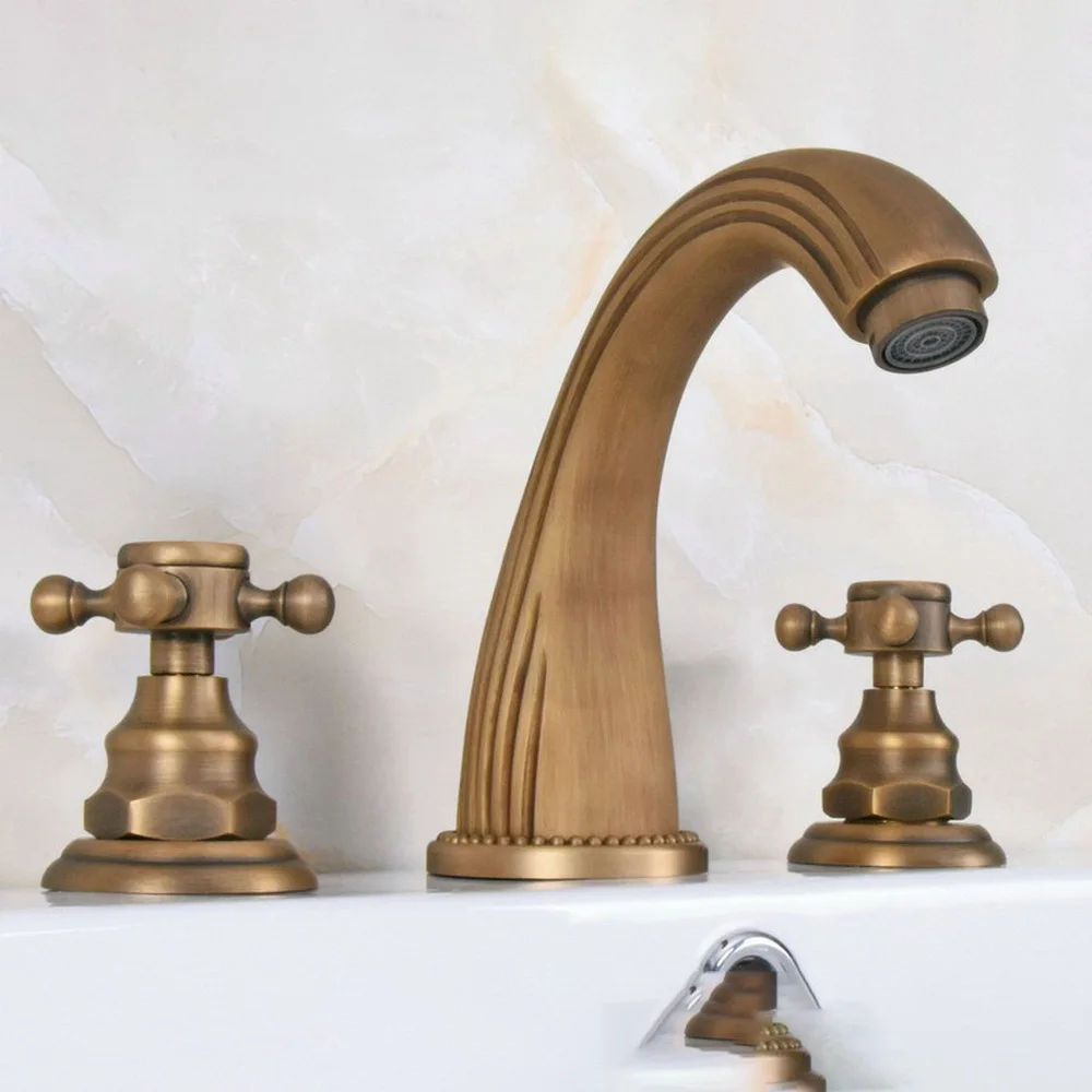 

Antique Brass 3 Hole Double Cross Handle Deck Mounted Bathroom Sink Faucet Hot Cold Tap Ban068