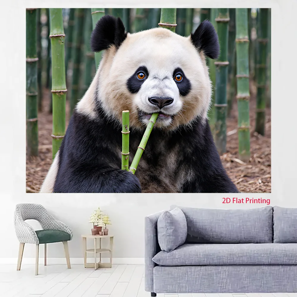 Cute Panda Eating Bamboo Tapestry, Adorable Giant Panda in Forest Wall Hanging for Kids Room Decor, Nature Animal Art Fabric