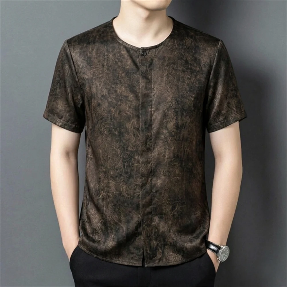 Cardigan Real Silk 100% T Shirt For Men Short Sleeve Tang Costume Summer Quality Satin Skin-Friendly Premium Camisetas De Hombre