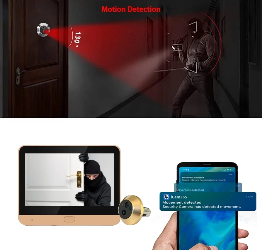 iCam365 2.4G Wifi Wireless Door Peepholes Camera 3MP PIR Detect Door Eye Viewer  With Microphone For Home Security