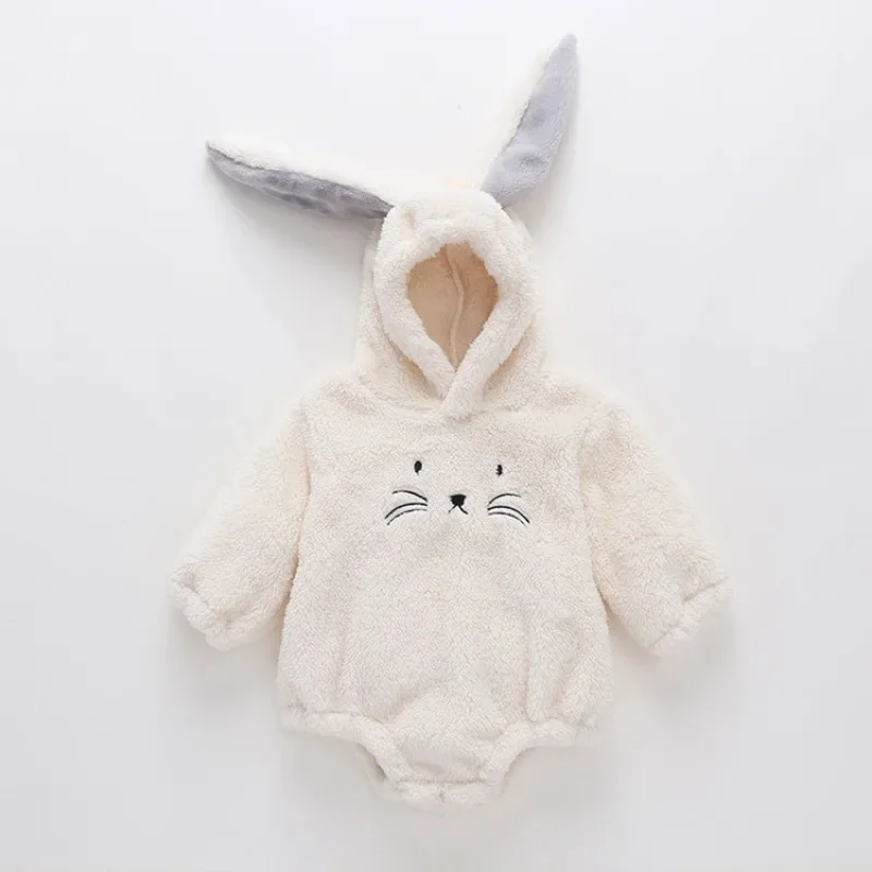 ZOETOPKID Baby Boy Girl Bunny Romper Winter Hooded Long Sleeve Bodysuit Warm Coral Fleece One-Piece Clothes
